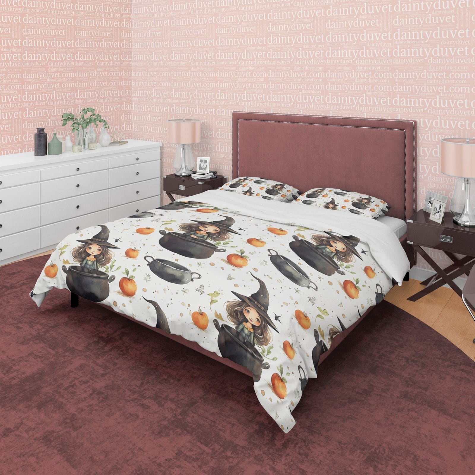 Witch Kid's Bedroom Duvet Cover Set, Pot Potion Quilt Cover Aesthetic Zipper Bedding, Enchanted Apple Blanket Cover Hallow…
