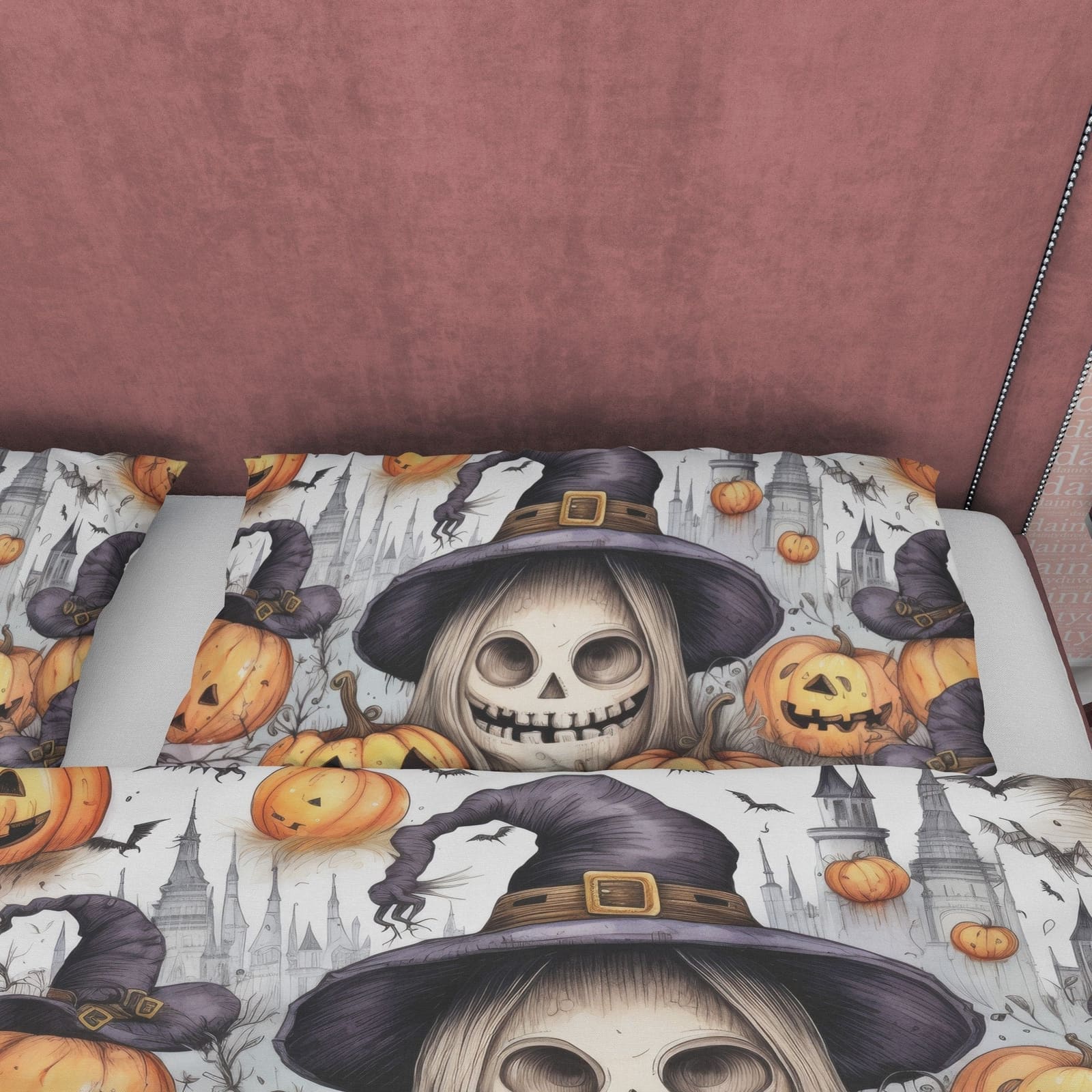 Witch Skull & Pumpkin Duvet Cover Set Aesthetic Bedding, Halloween Room Decor, Zipper Quilt Cover, Autumn Bedspread, Spook…