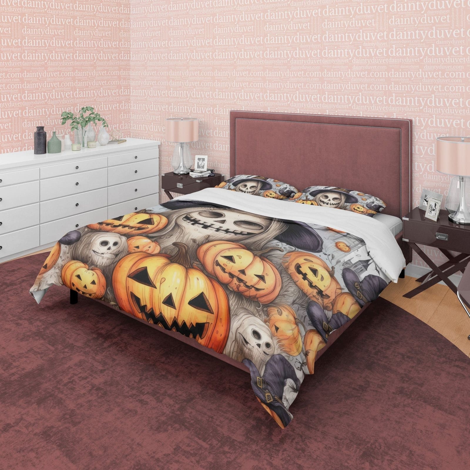 Witch Skull & Pumpkin Duvet Cover Set Aesthetic Bedding, Halloween Room Decor, Zipper Quilt Cover, Autumn Bedspread, Spook…