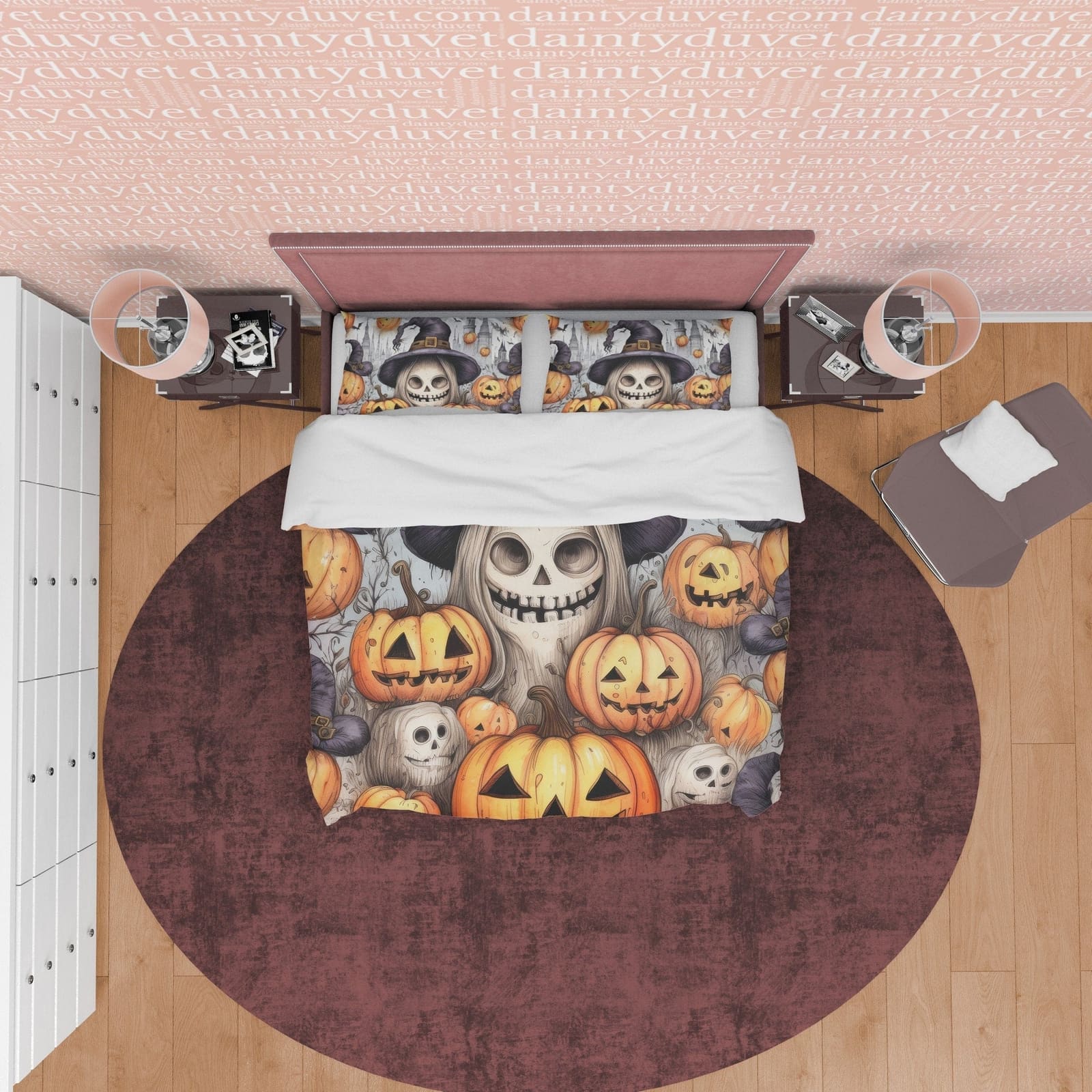 Witch Skull & Pumpkin Duvet Cover Set Aesthetic Bedding, Halloween Room Decor, Zipper Quilt Cover, Autumn Bedspread, Spook…