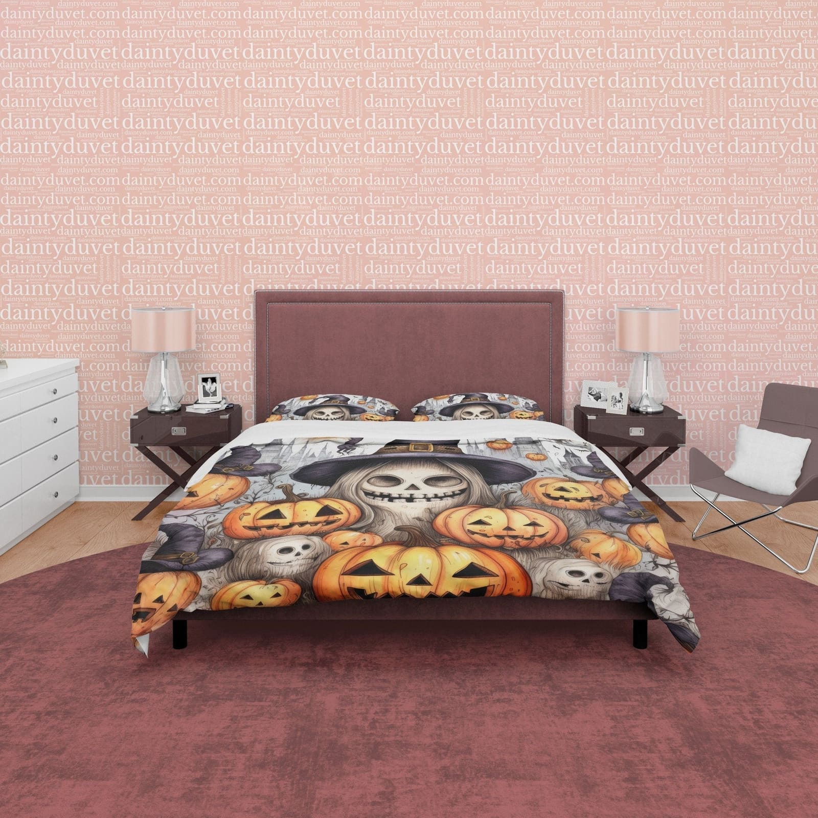 Witch Skull & Pumpkin Duvet Cover Set Aesthetic Bedding, Halloween Room Decor, Zipper Quilt Cover, Autumn Bedspread, Spook…