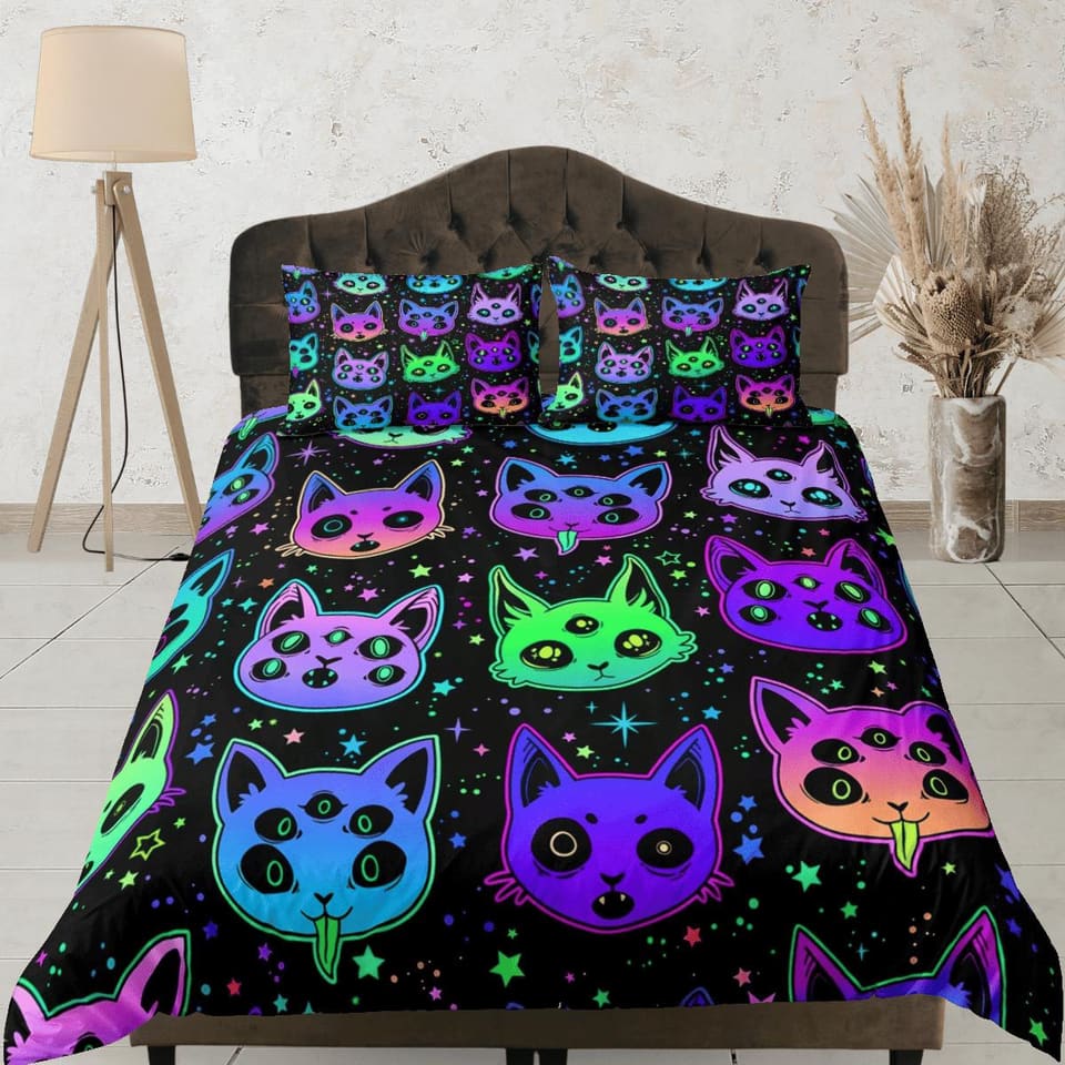 Witchy cat 90s neon halloween bedding hippie retro duvet cover set, colorful dorm bedding, teens bedroom, adult duvet, tod…