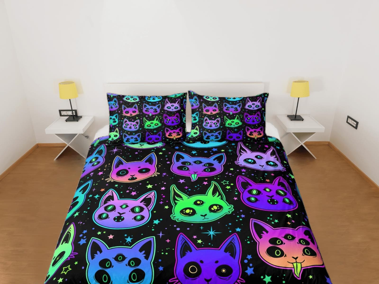 Witchy cat 90s neon halloween bedding hippie retro duvet cover set, colorful dorm bedding, teens bedroom, adult duvet, tod…