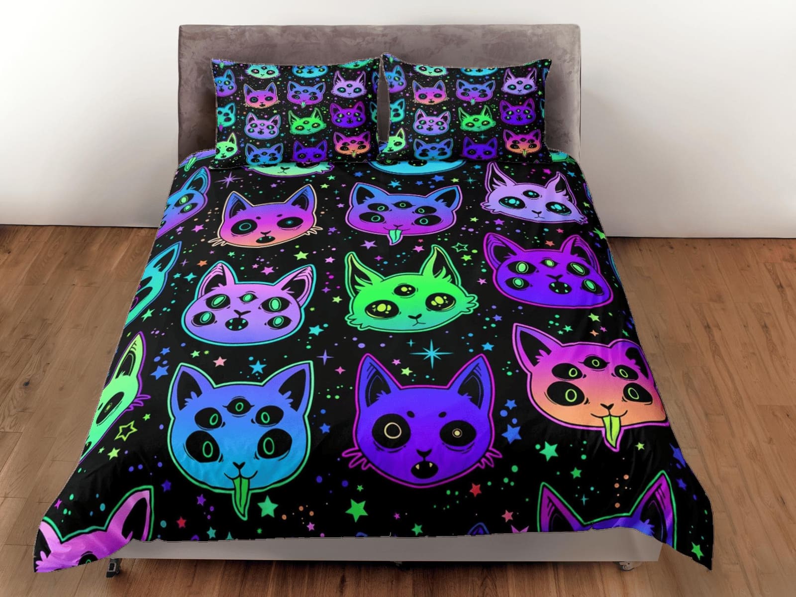 Witchy cat 90s neon halloween bedding hippie retro duvet cover set, colorful dorm bedding, teens bedroom, adult duvet, tod…