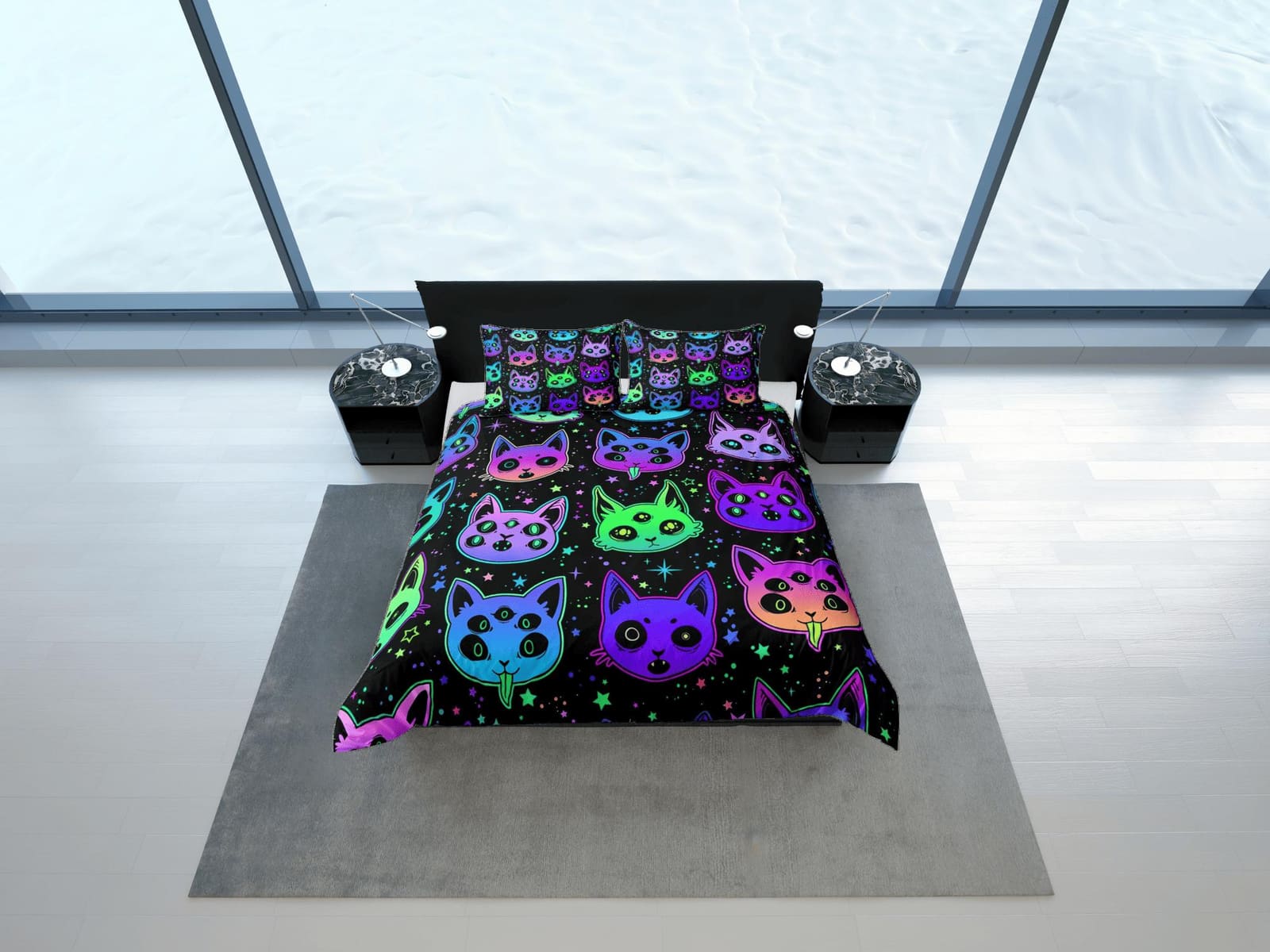 Witchy cat 90s neon halloween bedding hippie retro duvet cover set, colorful dorm bedding, teens bedroom, adult duvet, tod…