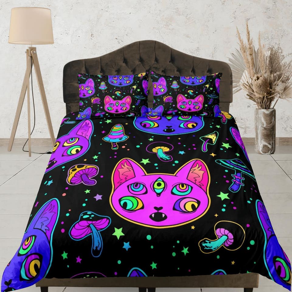 Witchy cat and mushroom 90s neon halloween bedding hippie duvet cover, colorful dorm bedding, teens bedroom, adult duvet,…