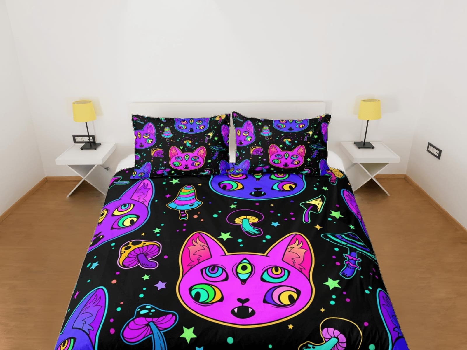 Witchy cat and mushroom 90s neon halloween bedding hippie duvet cover, colorful dorm bedding, teens bedroom, adult duvet,…