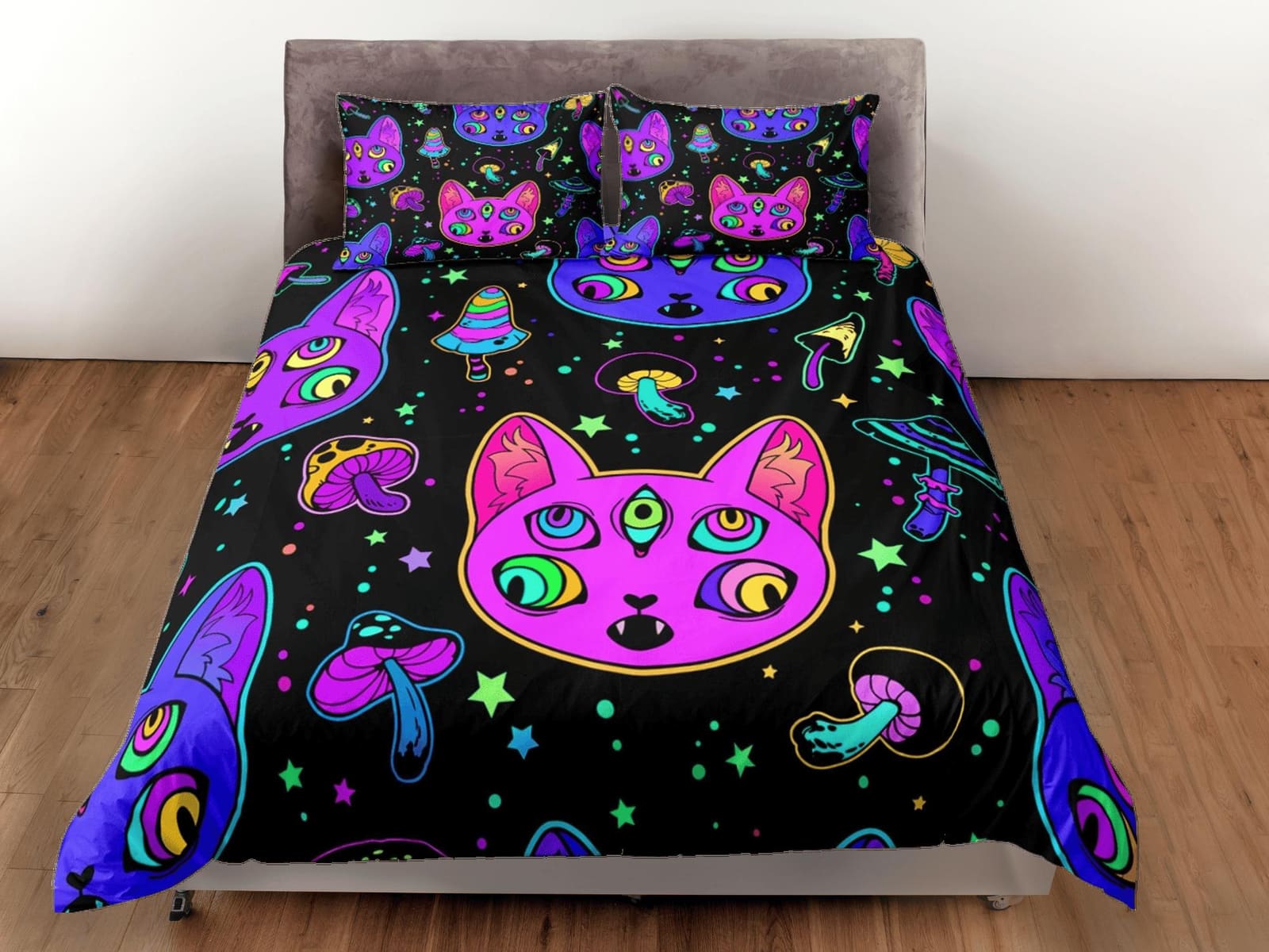 Witchy cat and mushroom 90s neon halloween bedding hippie duvet cover, colorful dorm bedding, teens bedroom, adult duvet,…