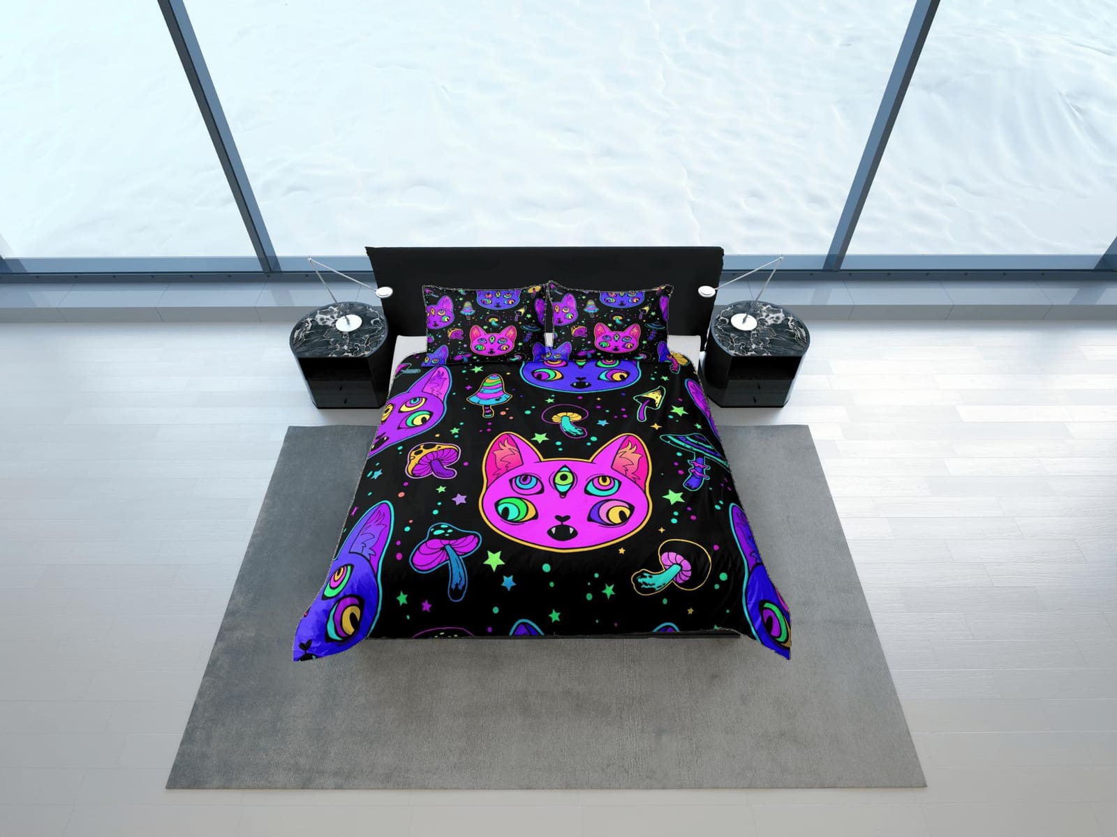 Witchy cat and mushroom 90s neon halloween bedding hippie duvet cover, colorful dorm bedding, teens bedroom, adult duvet,…