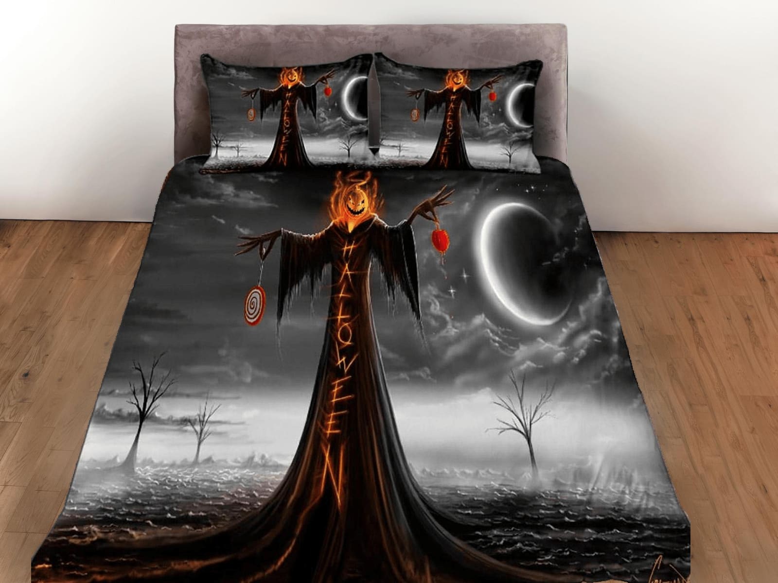 Witchy pumpkin halloween bedding & pillowcase, gothic duvet cover, dorm bedding, goth decor toddler bedding, halloween gift