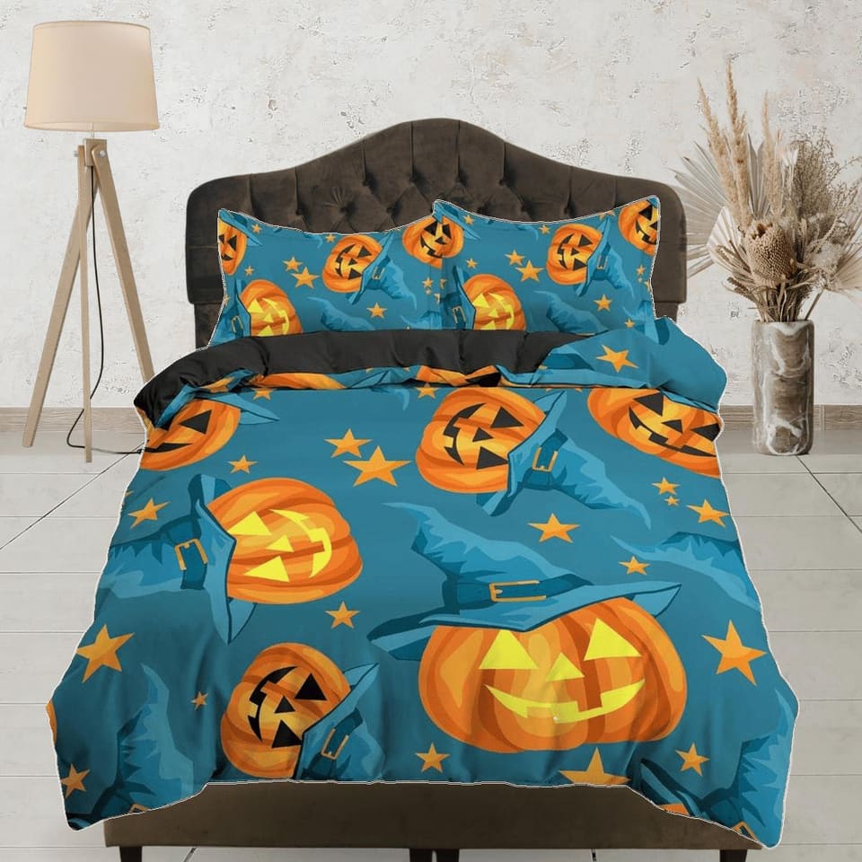 Witchy pumpkin halloween full size bedding & pillowcase, sea green duvet cover set dorm bedding, nursery toddler bedding,…