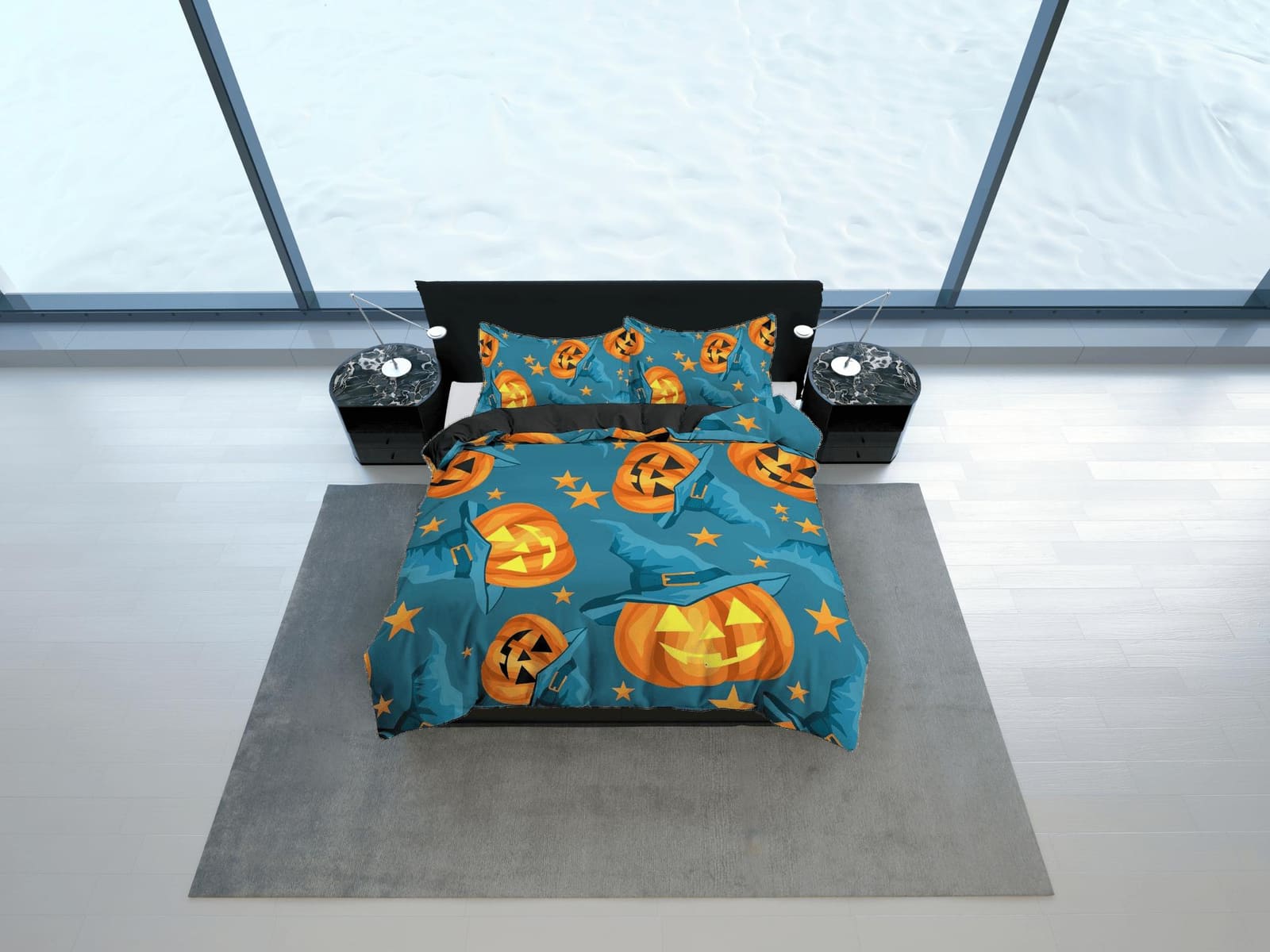 Witchy pumpkin halloween full size bedding & pillowcase, sea green duvet cover set dorm bedding, nursery toddler bedding,…