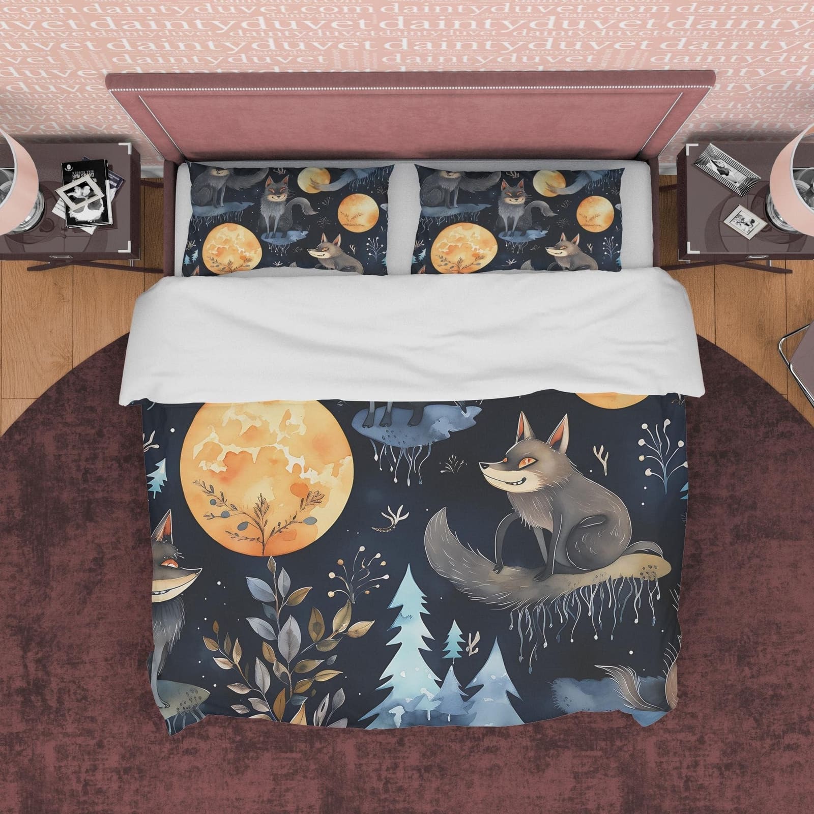 Wolf On A Full Moon Duvet Cover Set, Spooky Midnight Quilt Cover Aesthetic Zipper Bedding, Dark Night Blanket Cover Hallow…