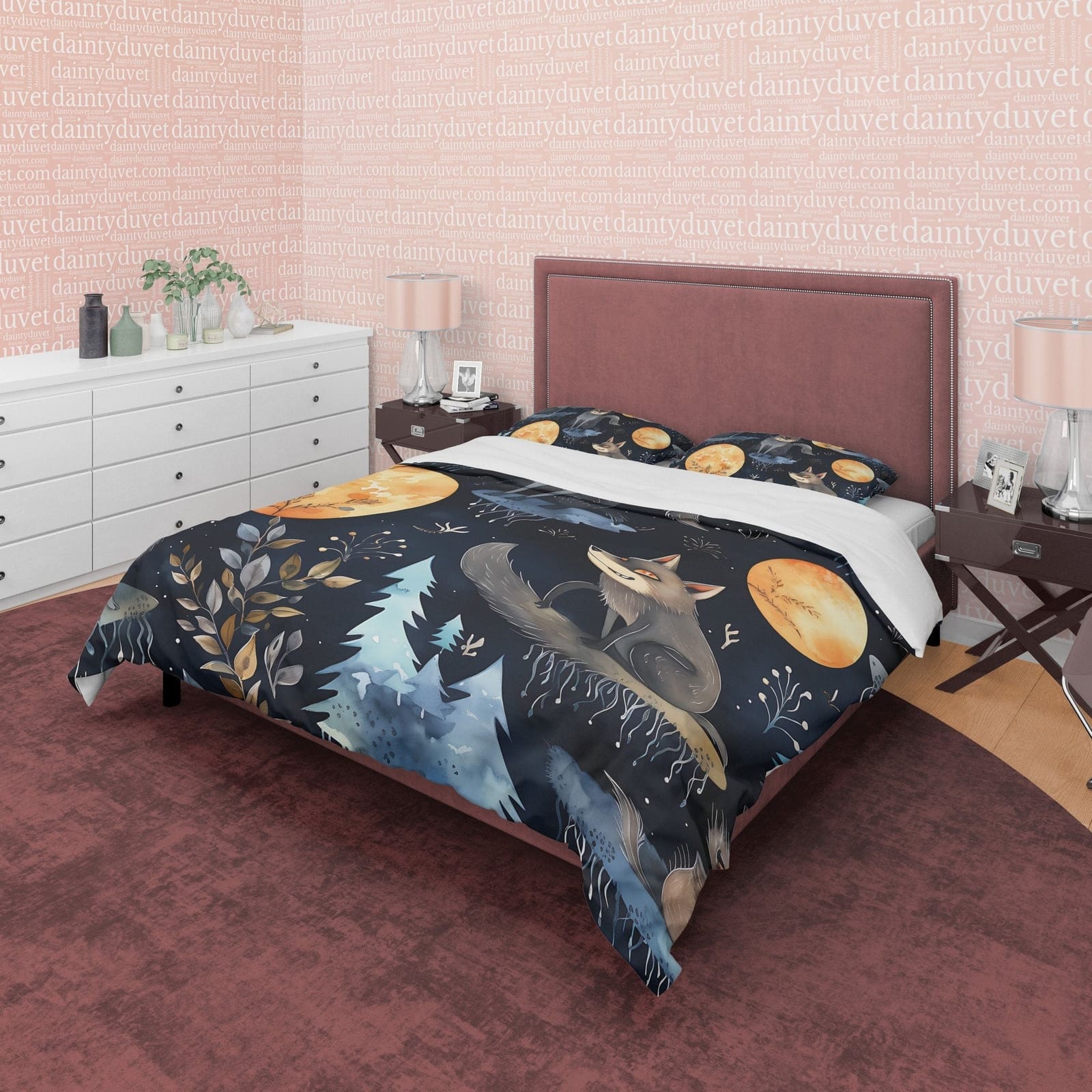 Wolf On A Full Moon Duvet Cover Set, Spooky Midnight Quilt Cover Aesthetic Zipper Bedding, Dark Night Blanket Cover Hallow…