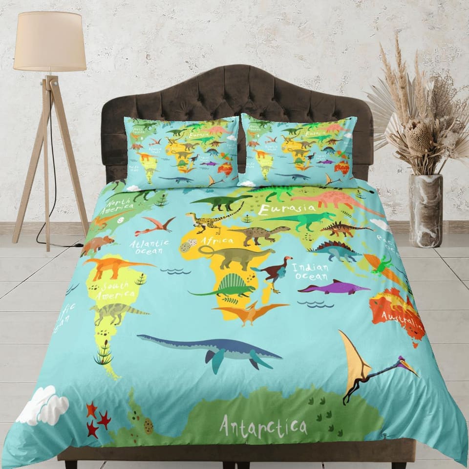 World map dinosaur bedding, kids bedding full, cute duvet cover set, dinosaur nursery bed decor, colorful bedding, baby di…