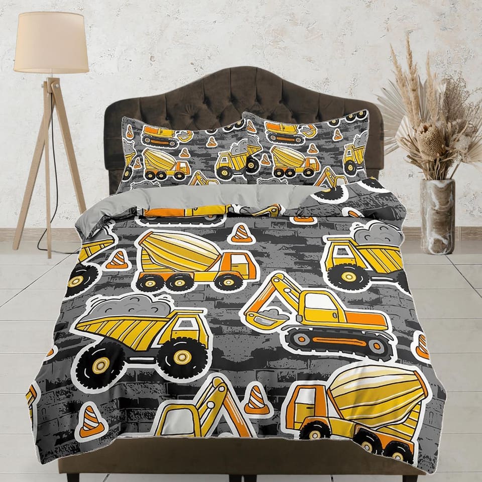 Yellow bulldozer construction work grey toddler bedding, unique duvet cover kids, crib bedding, baby zipper bedding, king…