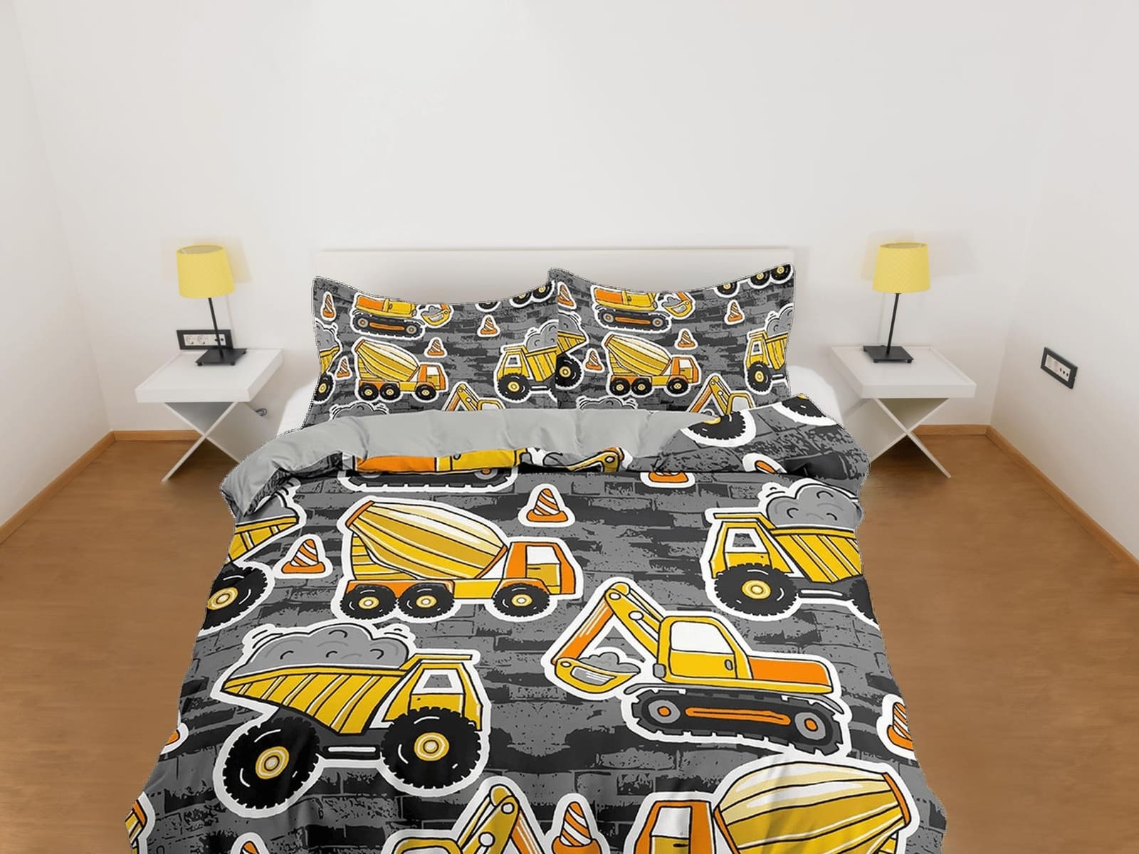 Yellow bulldozer construction work grey toddler bedding, unique duvet cover kids, crib bedding, baby zipper bedding, king…