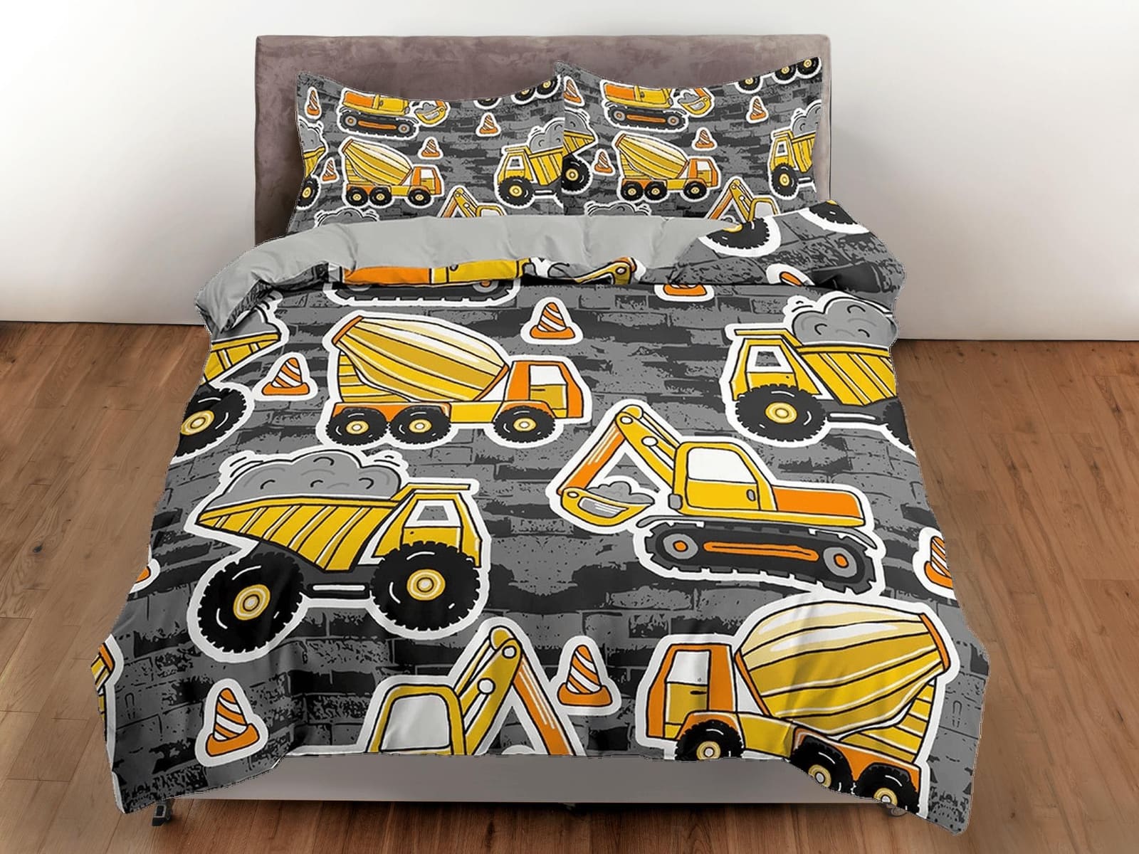 Yellow bulldozer construction work grey toddler bedding, unique duvet cover kids, crib bedding, baby zipper bedding, king…