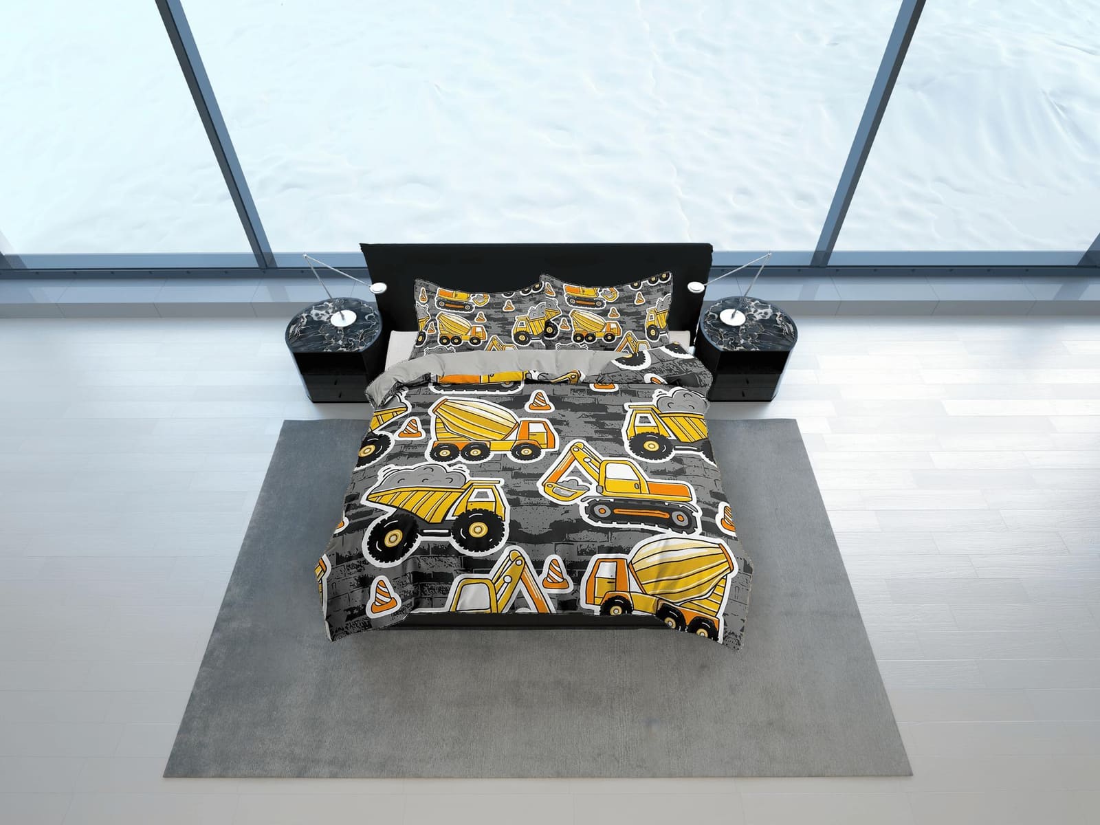 Yellow bulldozer construction work grey toddler bedding, unique duvet cover kids, crib bedding, baby zipper bedding, king…