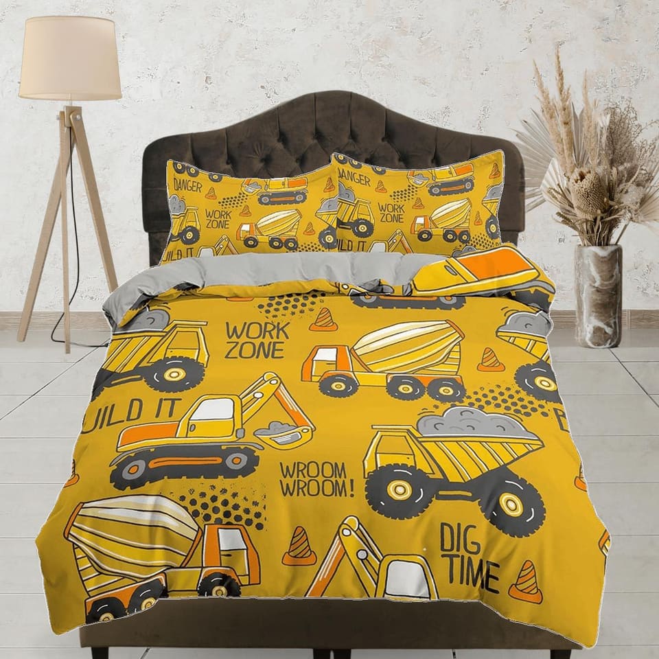 Yellow Bulldozers Bedding, Duvet Cover Set & Pillowcase, Zipper Bedding, Dorm Bedding, Teens Adult Duvet King Queen Full T…