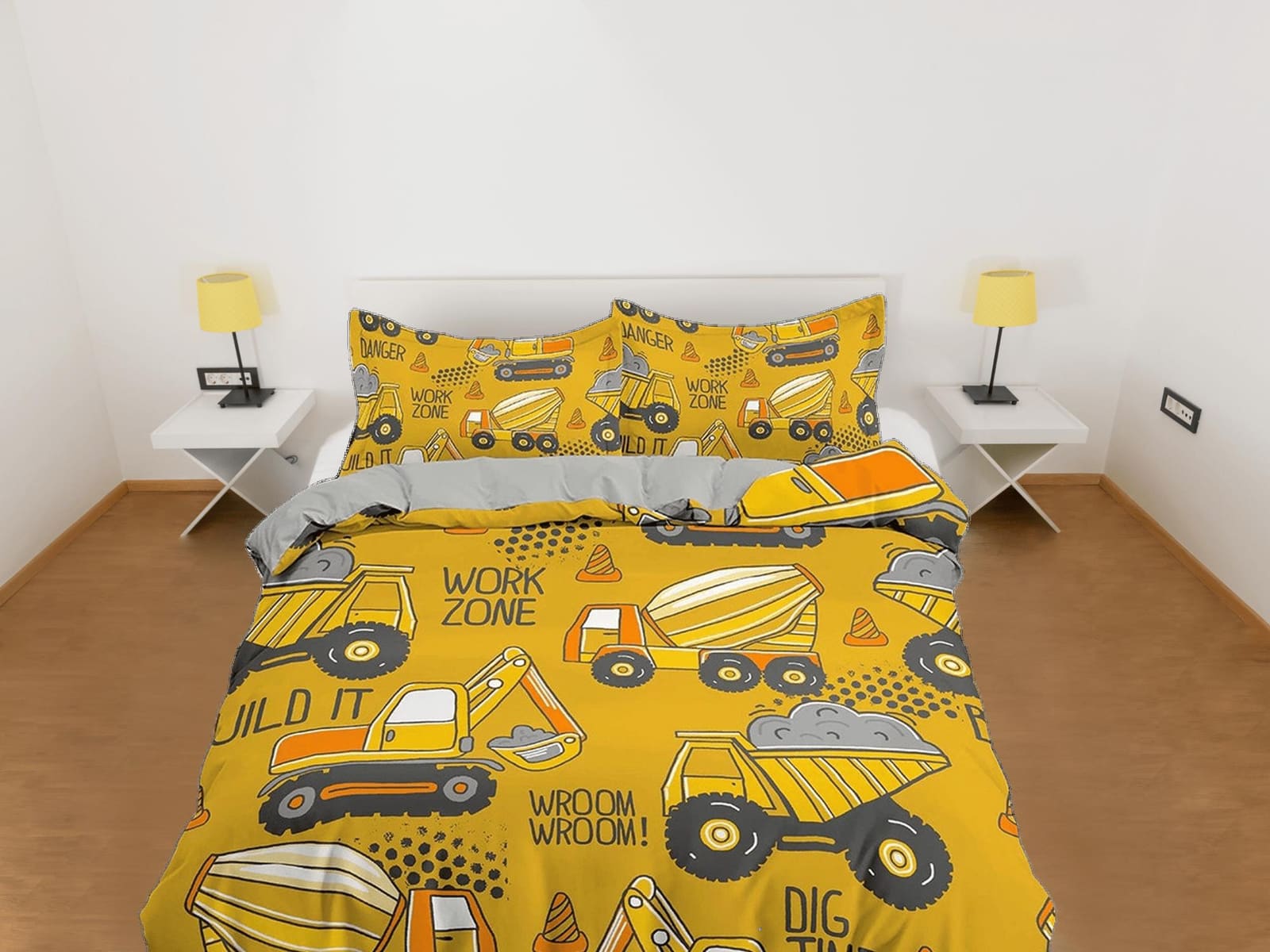 Yellow Bulldozers Bedding, Duvet Cover Set & Pillowcase, Zipper Bedding, Dorm Bedding, Teens Adult Duvet King Queen Full T…