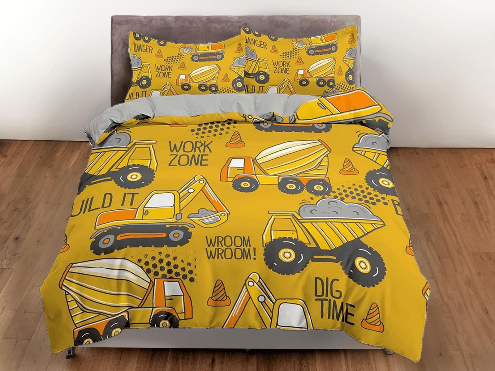 Yellow Bulldozers Bedding, Duvet Cover Set & Pillowcase, Zipper Bedding, Dorm Bedding, Teens Adult Duvet King Queen Full T…