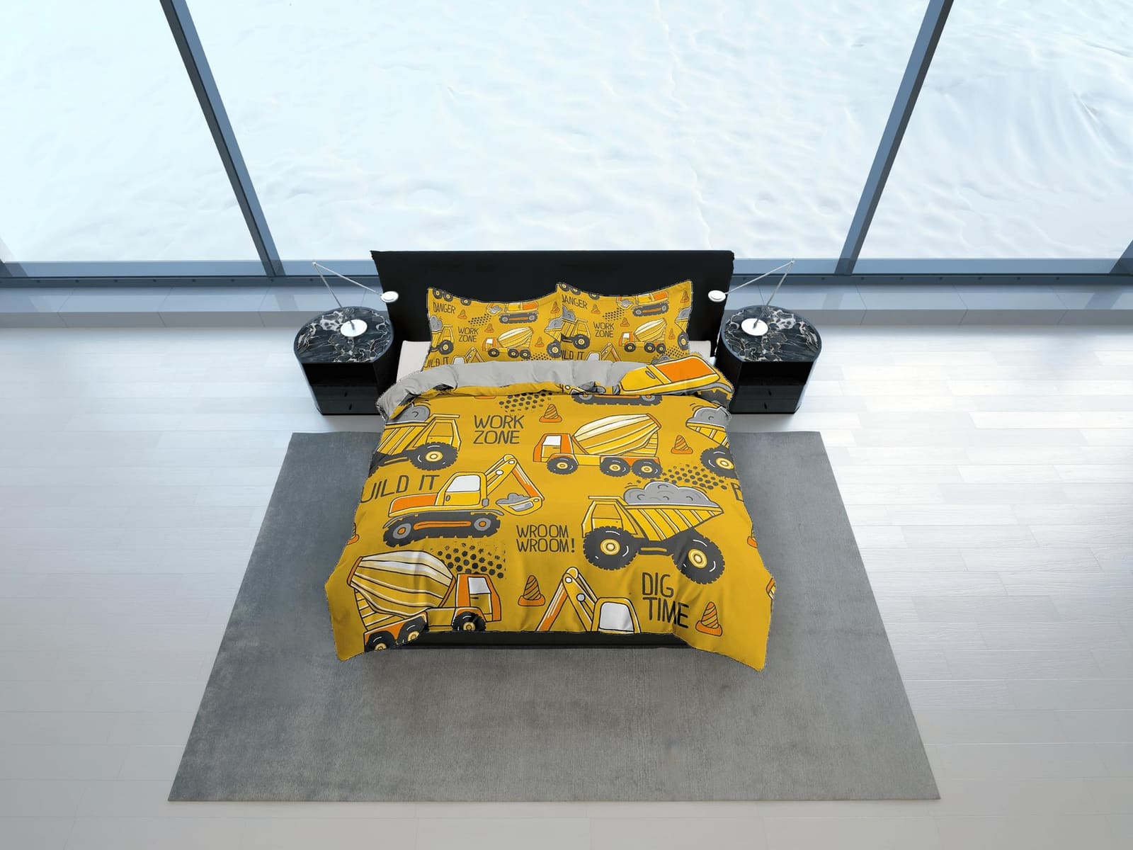 Yellow Bulldozers Bedding, Duvet Cover Set & Pillowcase, Zipper Bedding, Dorm Bedding, Teens Adult Duvet King Queen Full T…