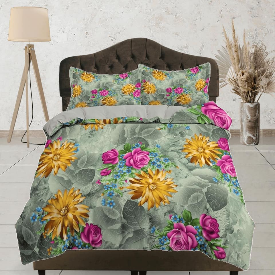 Yellow daisy and pink roses floral duvet cover colorful bedding, teen girl bedroom, baby girl crib bedding boho maximalist…