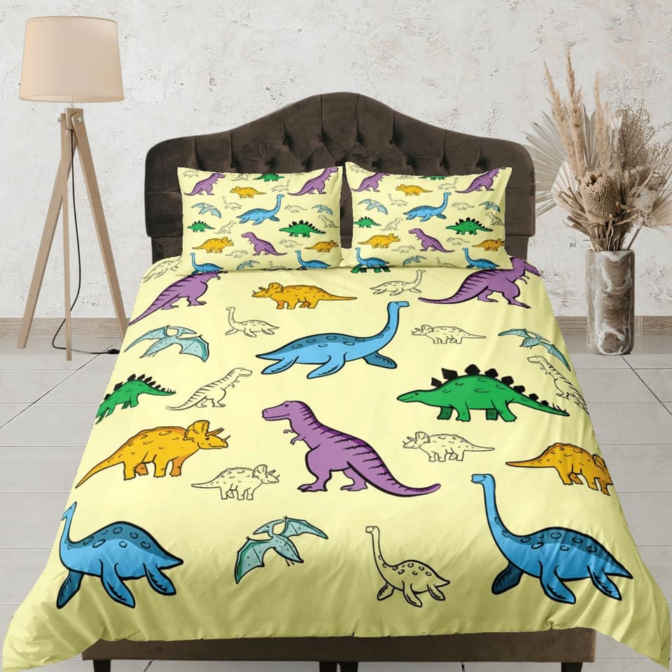 Yellow dinosaur bedding, kids bedding full, cute duvet cover set, dinosaur nursery bed decor, colorful bedding, baby dinos…
