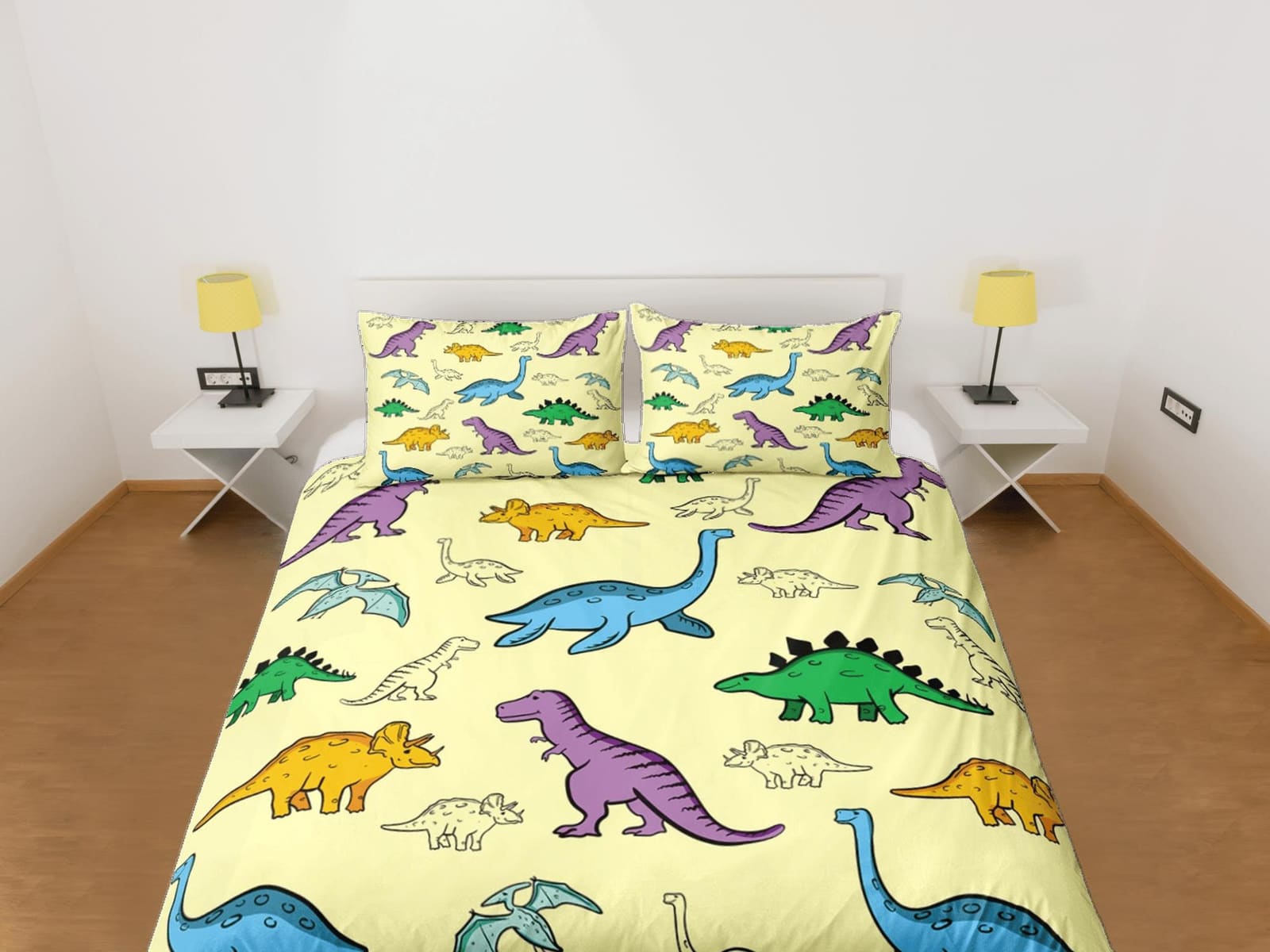 Yellow dinosaur bedding, kids bedding full, cute duvet cover set, dinosaur nursery bed decor, colorful bedding, baby dinos…