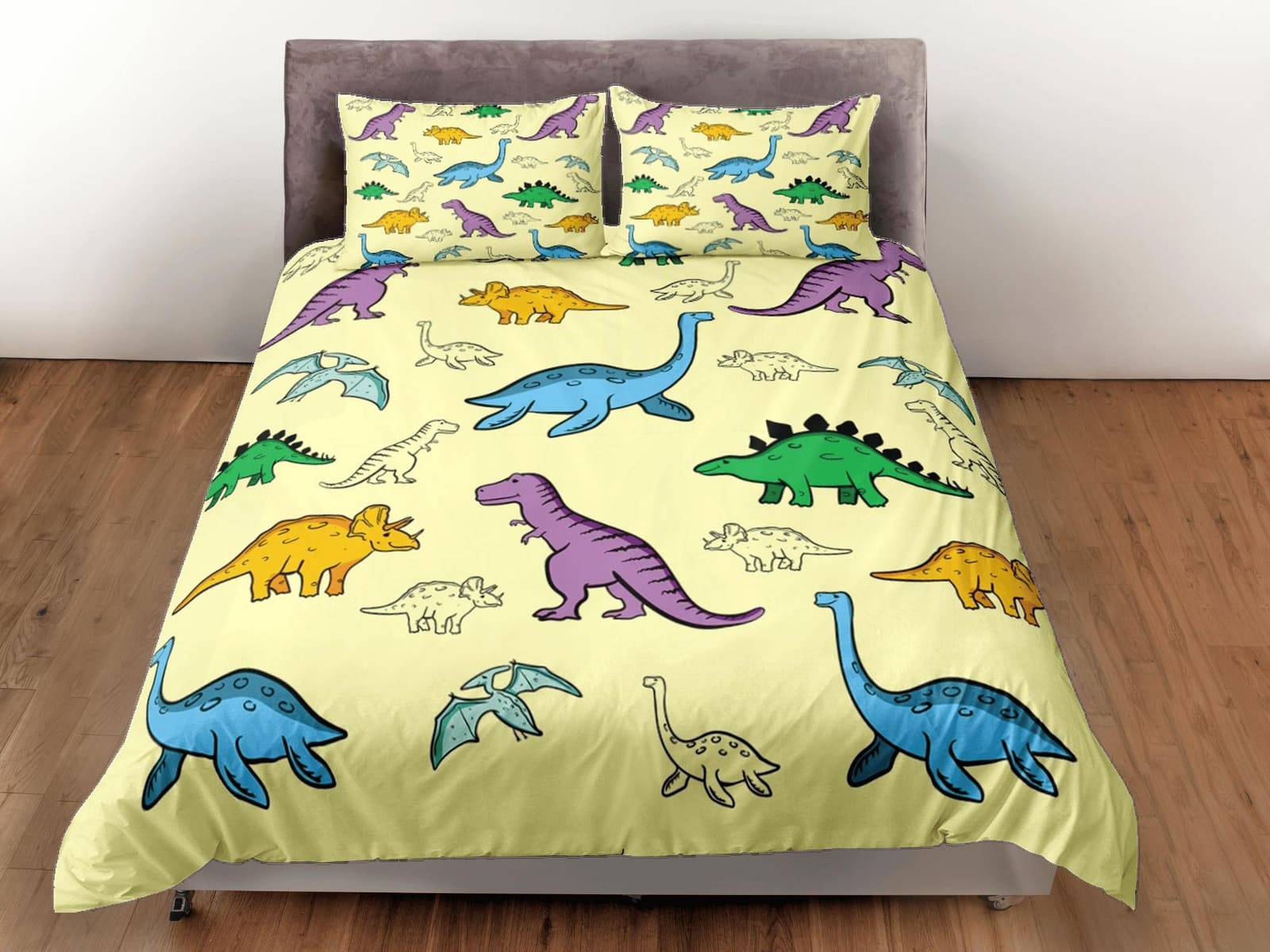 Yellow dinosaur bedding, kids bedding full, cute duvet cover set, dinosaur nursery bed decor, colorful bedding, baby dinos…