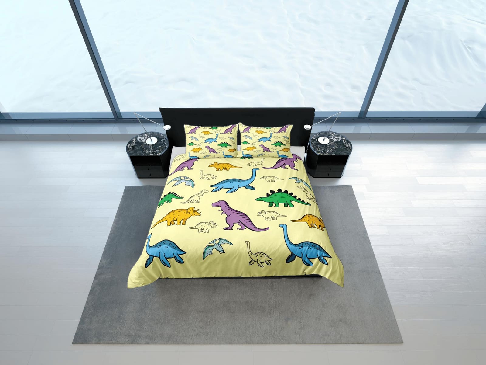Yellow dinosaur bedding, kids bedding full, cute duvet cover set, dinosaur nursery bed decor, colorful bedding, baby dinos…