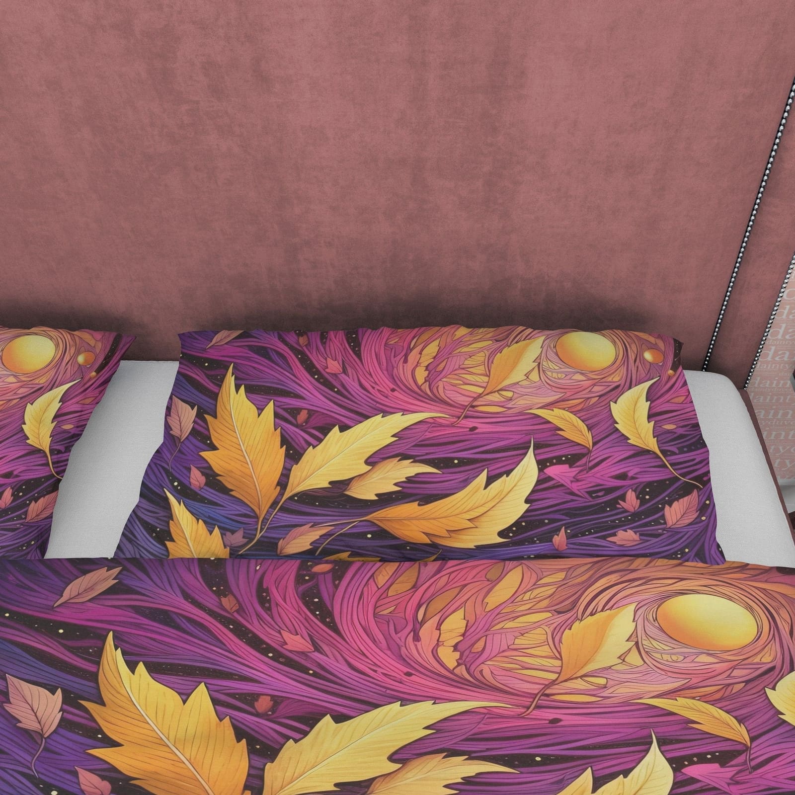 Yellow Fall Leaves Duvet Cover Purple Autumn Bedding Set, Warm Autumn Colors Printed Quilt Cover, Foliage Bedspread — view 3
