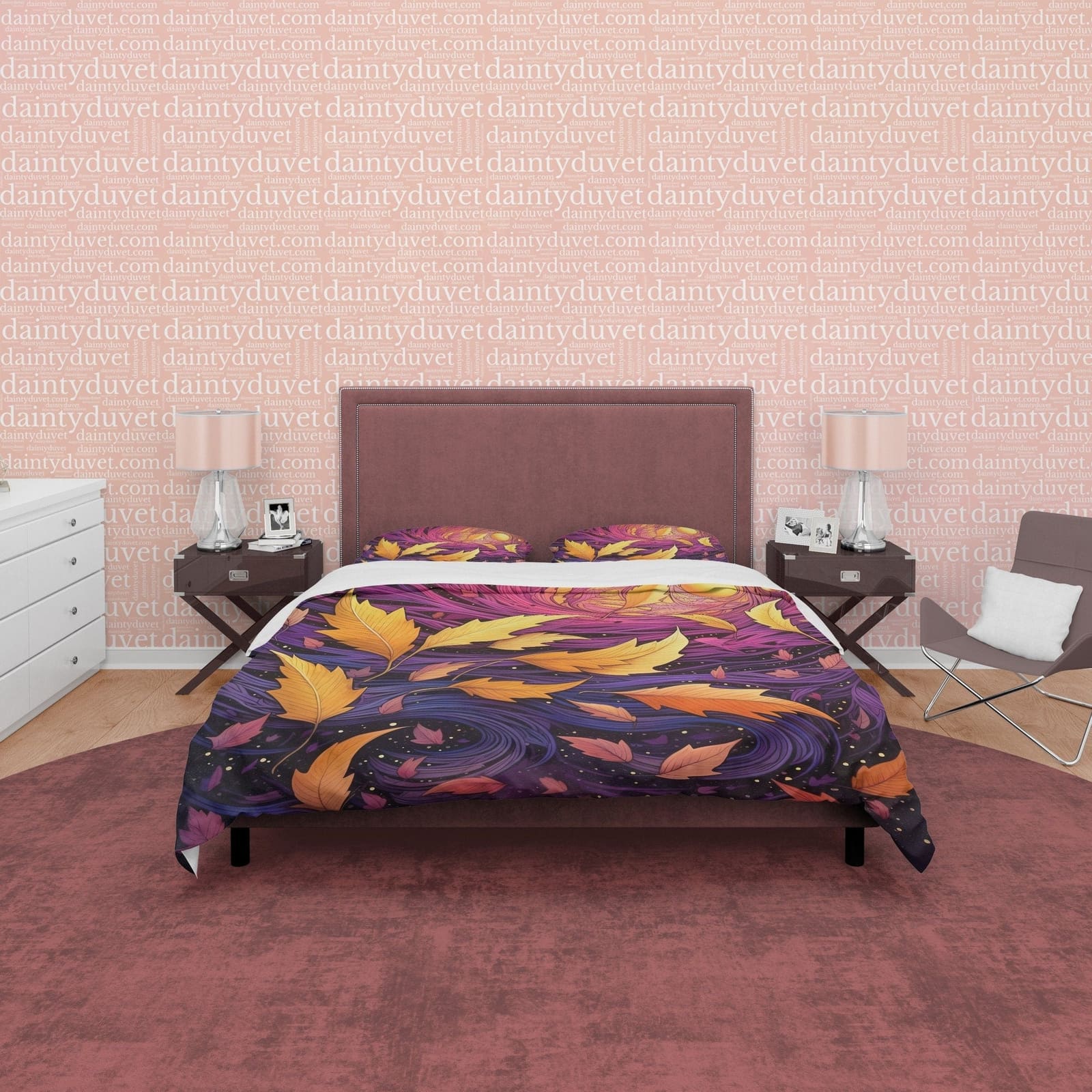 Yellow Fall Leaves Duvet Cover Purple Autumn Bedding Set, Warm Autumn Colors Printed Quilt Cover, Foliage Bedspread — view 4