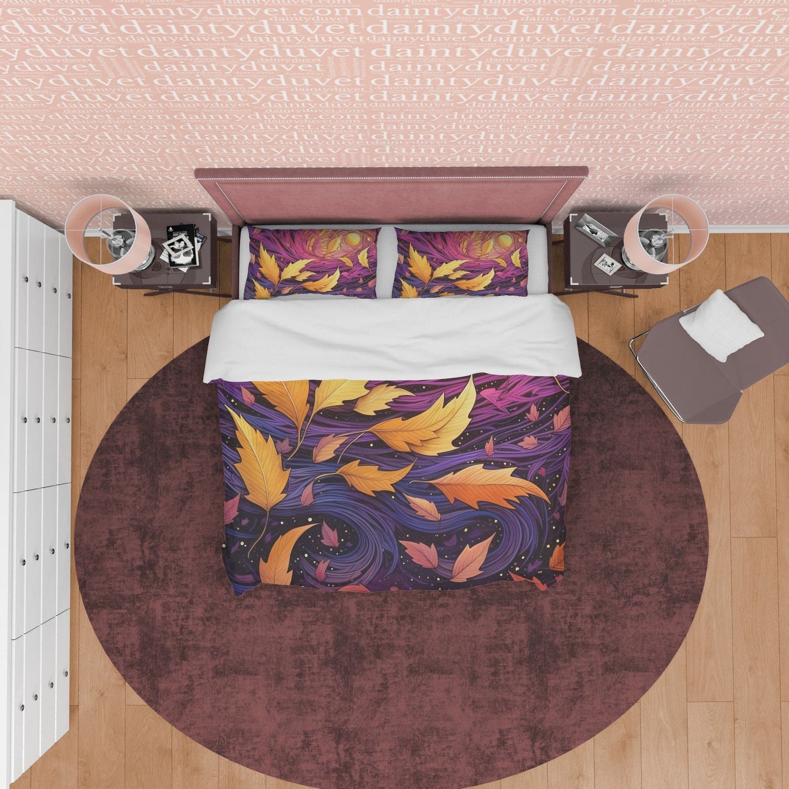 Yellow Fall Leaves Duvet Cover Purple Autumn Bedding Set, Warm Autumn Colors Printed Quilt Cover, Foliage Bedspread — view 6