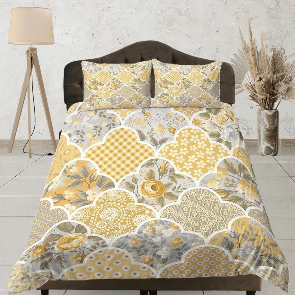 Yellow floral shabby chic patchwork quilt printed duvet cover set, aesthetic room decor bedding set full, king, queen size…