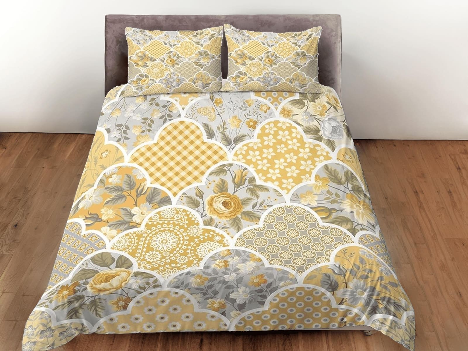 Yellow floral shabby chic patchwork quilt printed duvet cover set, aesthetic room decor bedding set full, king, queen size…