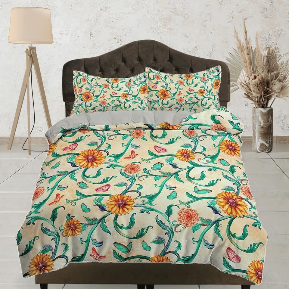 Yellow flower and vines floral bedding, boho duvet cover queen, king, designer shabby chic bedding, aesthetic bedding full…