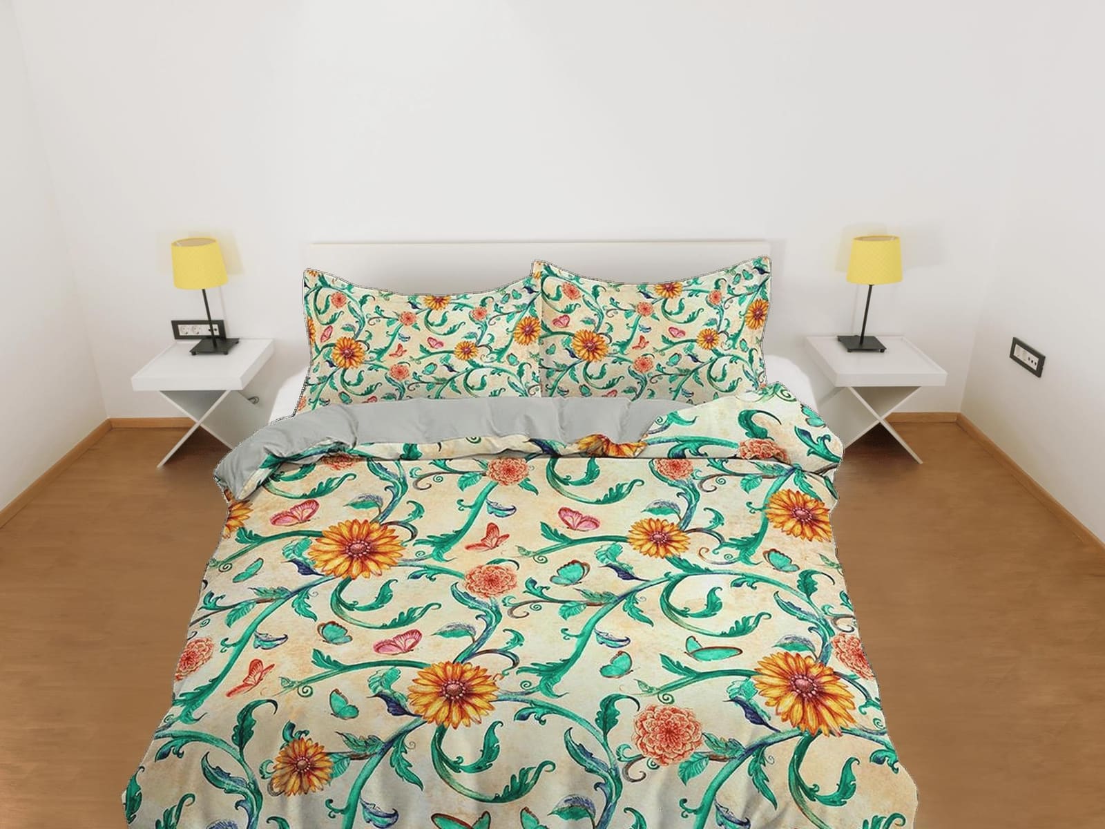 Yellow flower and vines floral bedding, boho duvet cover queen, king, designer shabby chic bedding, aesthetic bedding full…