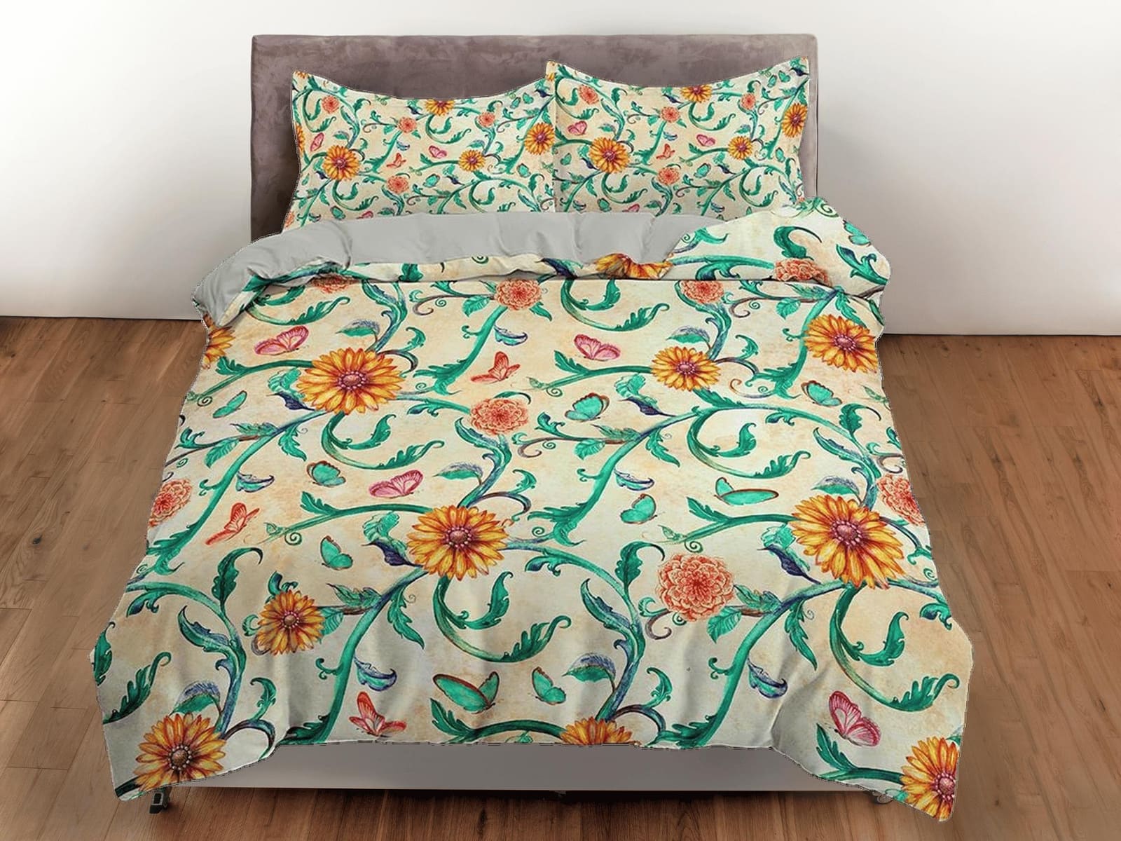 Yellow flower and vines floral bedding, boho duvet cover queen, king, designer shabby chic bedding, aesthetic bedding full…