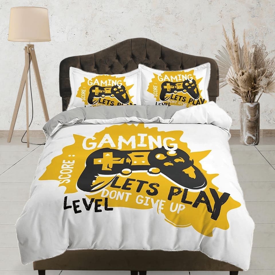 Yellow gamer bedding duvet cover, video gamer boyfriend gift bedding set full king queen twin, boys bedroom, college dorm…