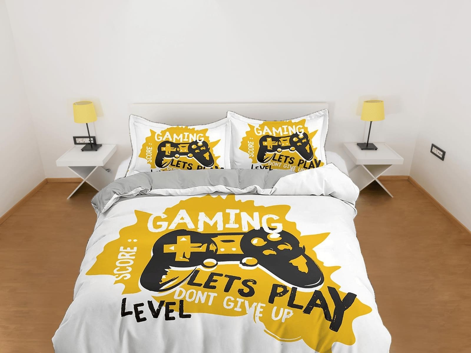 Yellow gamer bedding duvet cover, video gamer boyfriend gift bedding set full king queen twin, boys bedroom, college dorm…