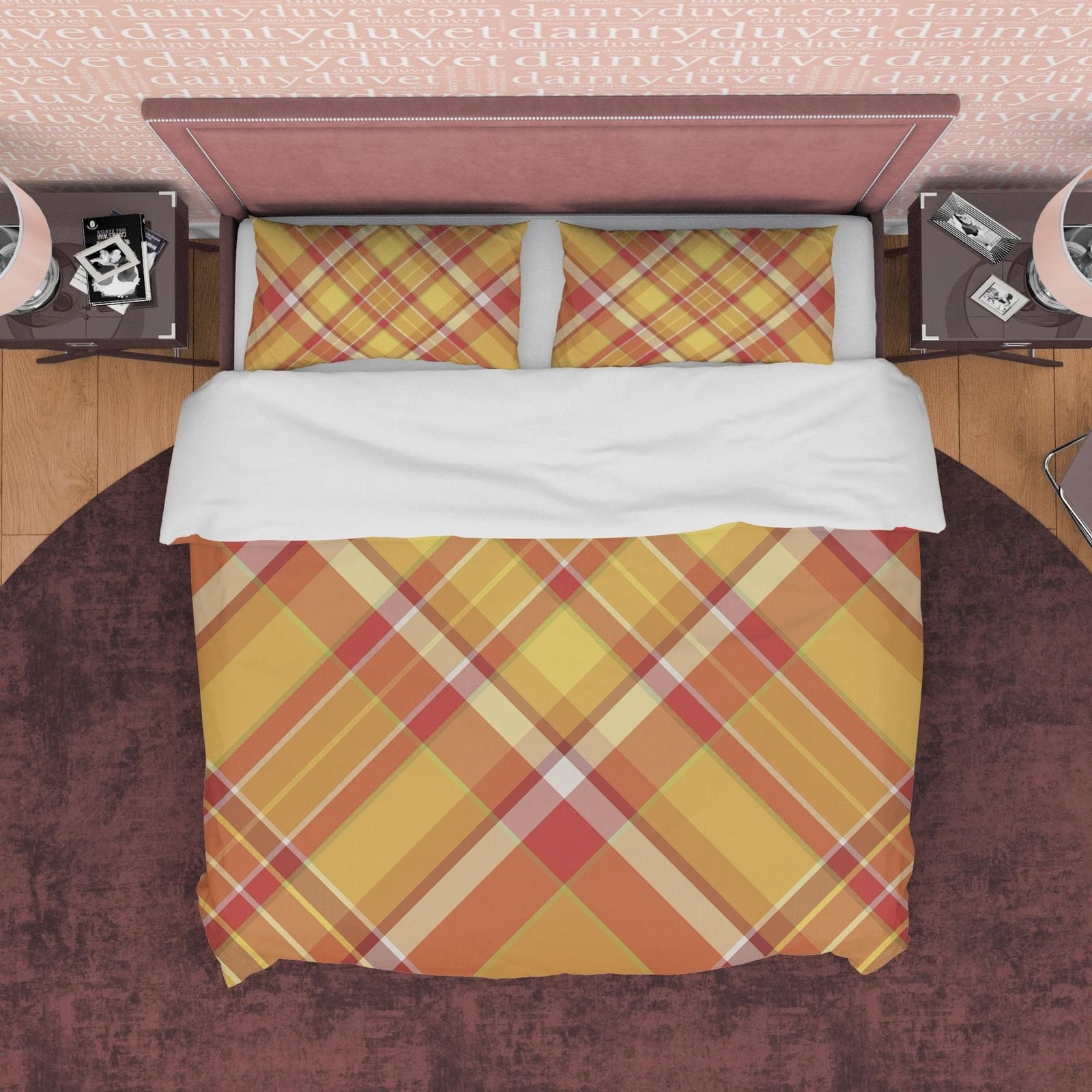 Yellow Orange Geometric Checkered Duvet Cover, Plaid Diagonal Bedding Set Modern Farmhouse Rustic Bedroom Set, Tartan Quil…