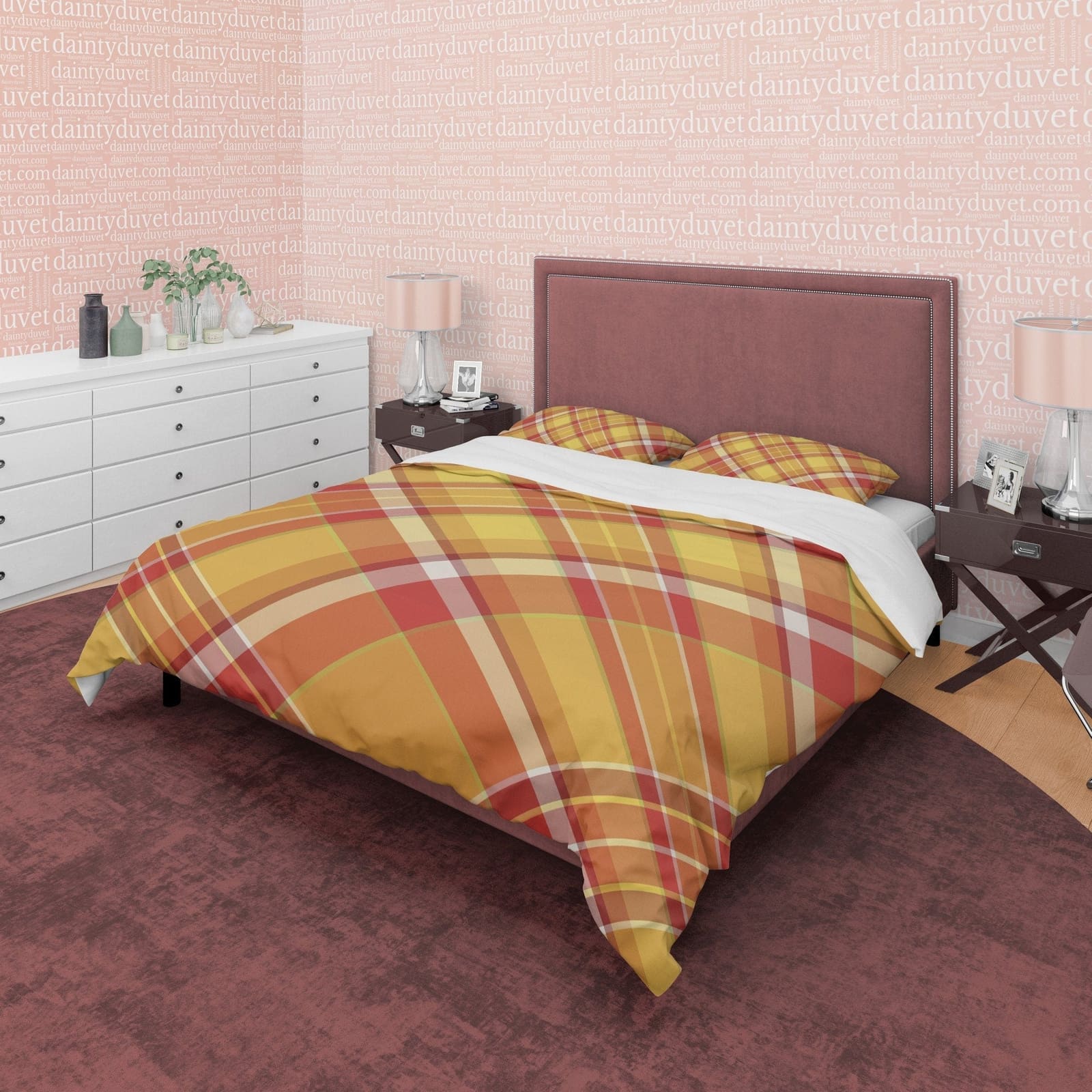 Yellow Orange Geometric Checkered Duvet Cover, Plaid Diagonal Bedding Set Modern Farmhouse Rustic Bedroom Set, Tartan Quil…