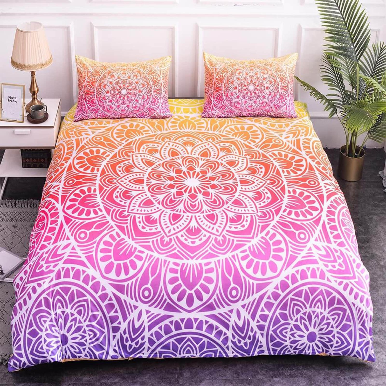 Yellow orange pink purple mandala duvet cover boho bedding set full, queen, king, dorm bedding, aesthetic room decor india…