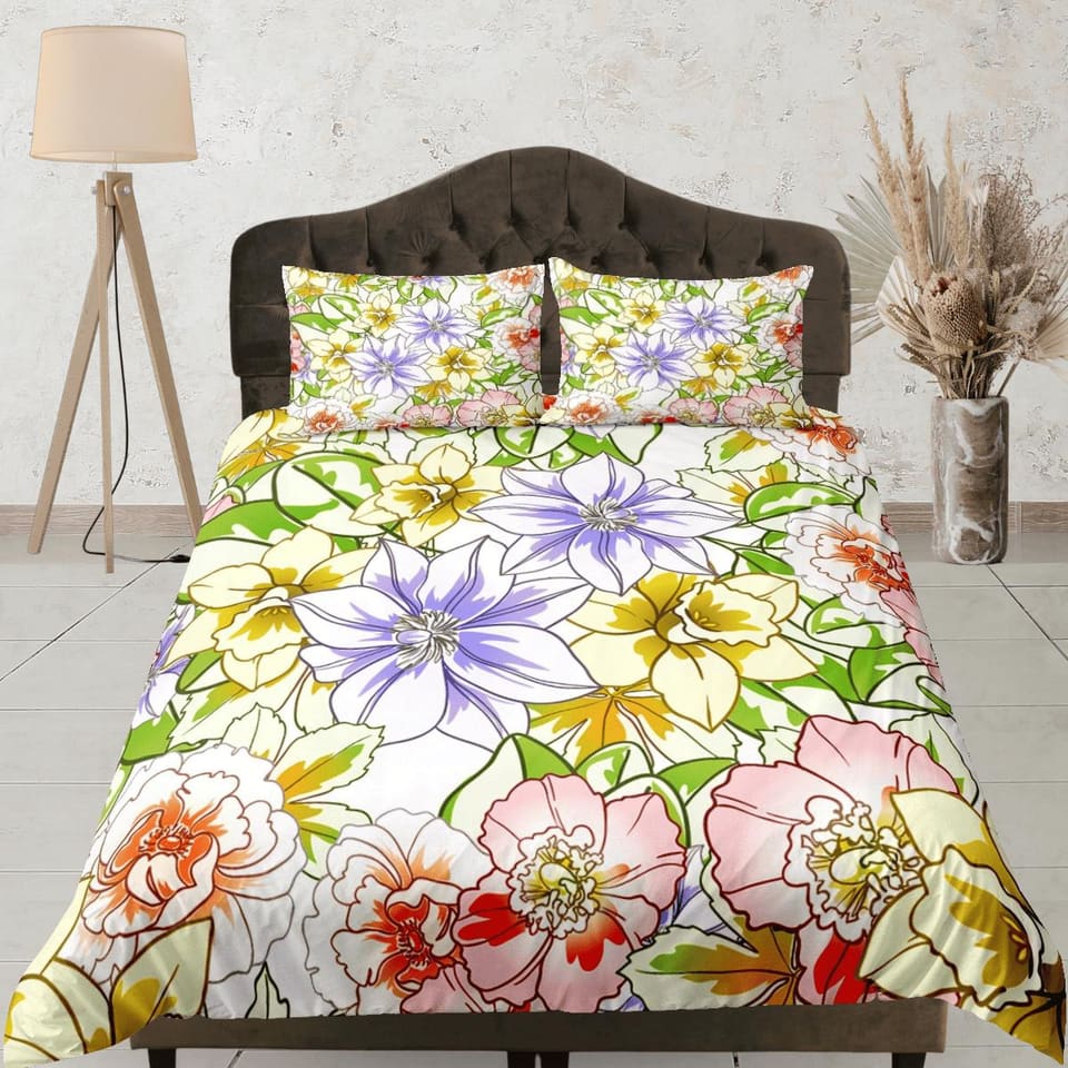 Yellow summer floral duvet cover colorful bedding, teen girl bedroom, baby girl crib bedding boho maximalist bedspread aes…