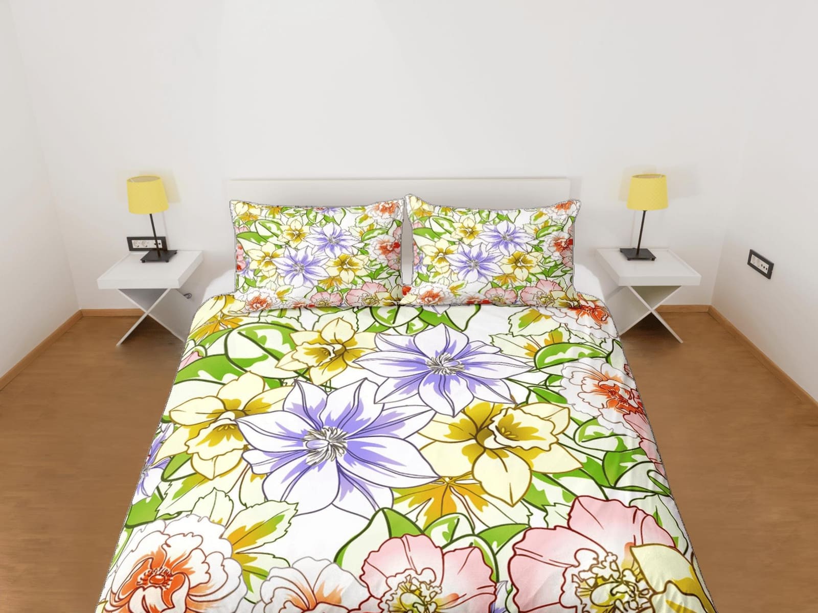 Yellow summer floral duvet cover colorful bedding, teen girl bedroom, baby girl crib bedding boho maximalist bedspread aes…