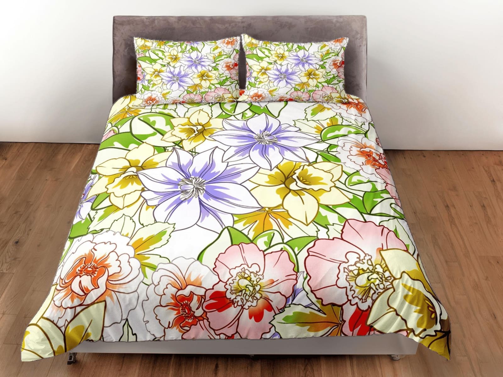 Yellow summer floral duvet cover colorful bedding, teen girl bedroom, baby girl crib bedding boho maximalist bedspread aes…