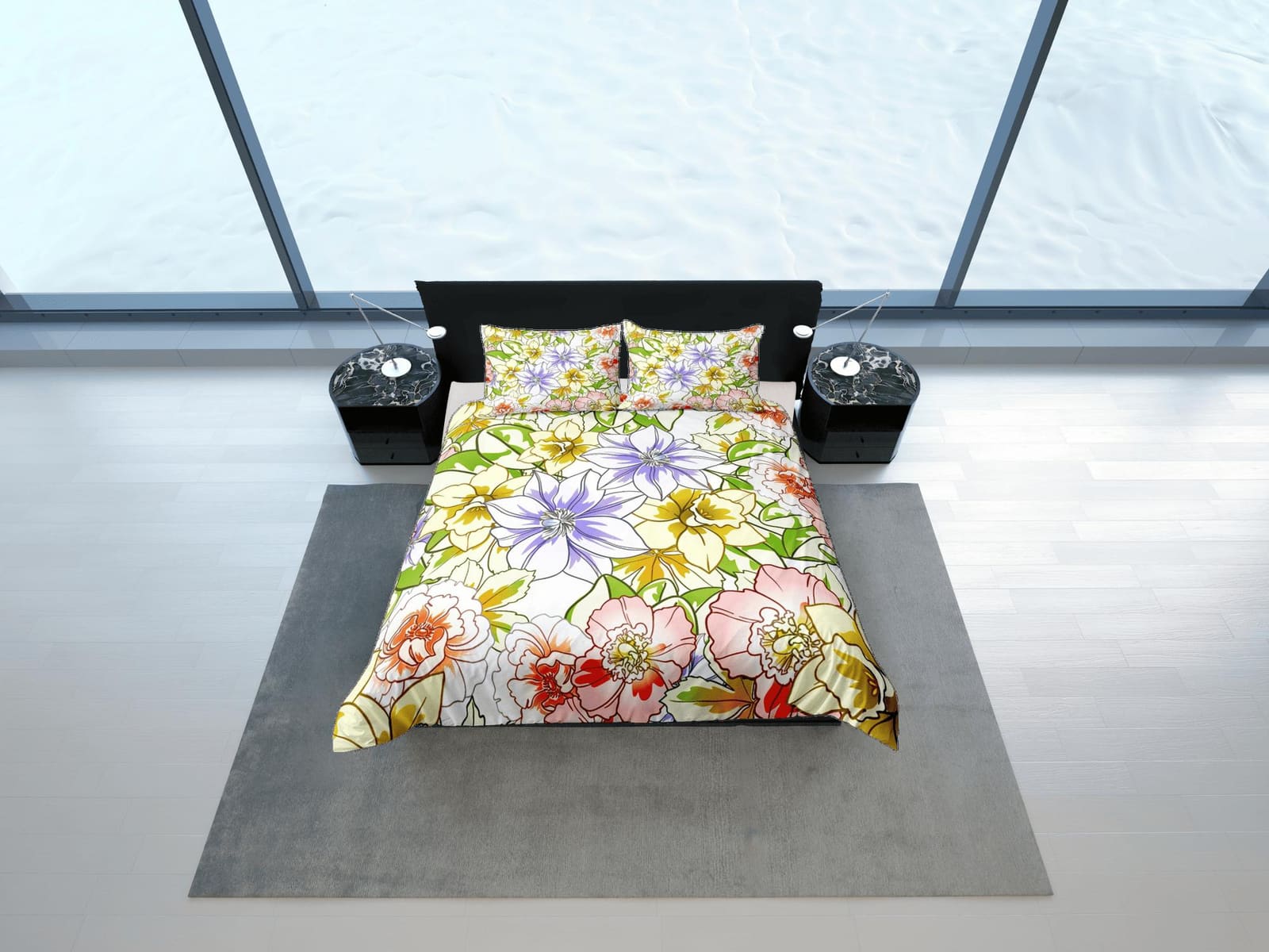 Yellow summer floral duvet cover colorful bedding, teen girl bedroom, baby girl crib bedding boho maximalist bedspread aes…