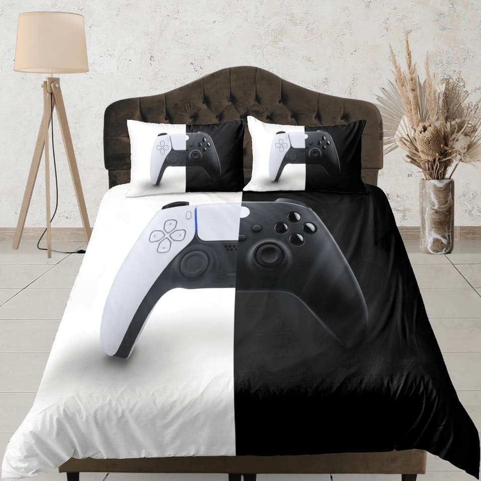 Yin yang gamer bedding black and white duvet cover, video gamer boyfriend gift bedding set full king queen twin, boys bedr…